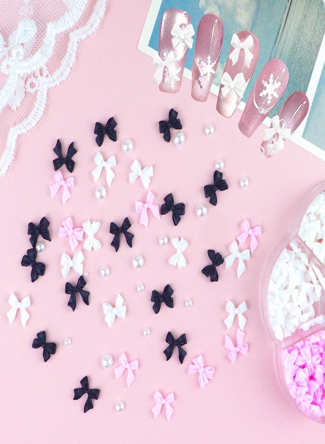 TKYZMS 300Pcs 3D Bow Nail Charms and Flatback Pearls Set,Black White Pink Bowknot,Bow-Knot Nail Stud Rhinestones Crystal,Nail Art Charms,Nail Art Supplies,for Manicure DIY,Nail Art Design,Jewelry Decoration - Image 3